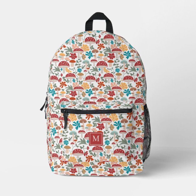 Mushrooms & Floral Mid Century Modern Pattern Printed Backpack (Front)