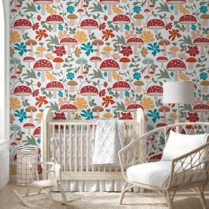 Mushrooms & Floral Mid Century Modern Pattern Wallpaper
