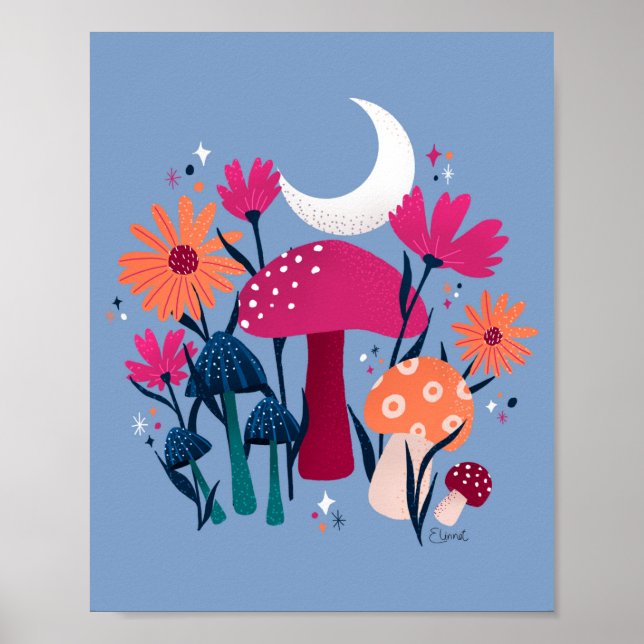 Mushrooms & florals - moonstone blue & burnt pink poster (Front)