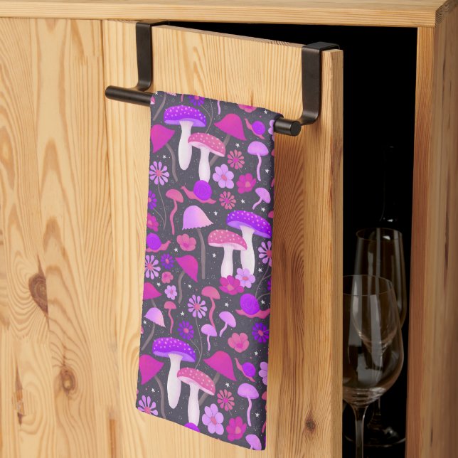 Mushrooms & Flowers Vibrant Pink, Purple & Black Tea Towel (Thirds Fold)