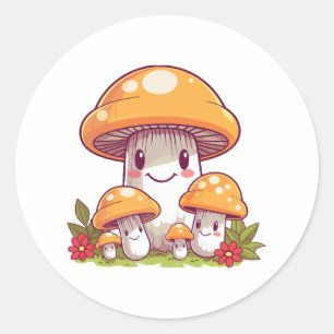 Mushrooms foraging, happy kawaii style classic round sticker