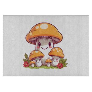 Mushrooms foraging, happy kawaii style cutting board