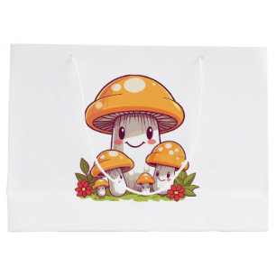 Mushrooms foraging, happy kawaii style large gift bag
