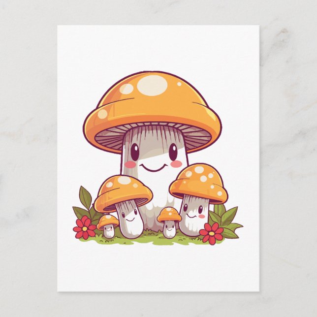 Mushrooms foraging, happy kawaii style postcard (Front)