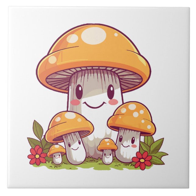 Mushrooms foraging, happy kawaii style tile (Front)