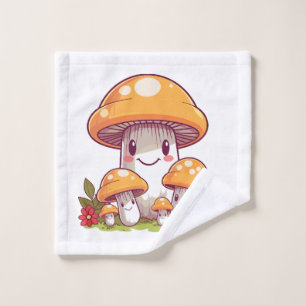 Mushrooms foraging, happy kawaii style wash cloth