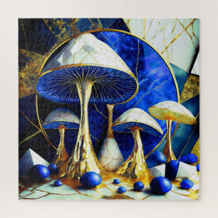 Mushrooms in Blue and Gold White Marble Surreal Jigsaw Puzzle