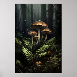 Mushrooms in Moss Fern Print, Dark Academia Gothic Poster