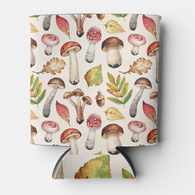 Mushrooms Leaves: Watercolor Illustration Pattern Can Cooler (Front)