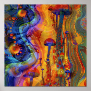 Mushrooms Mirage Psychedelic Art Poster