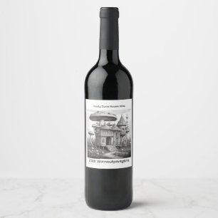 Mushrooms on wood house roof Black and white AIda Wine Label