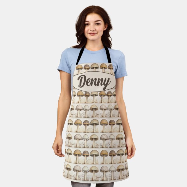 Mushrooms pattern brown, beige and gray apron (Worn)