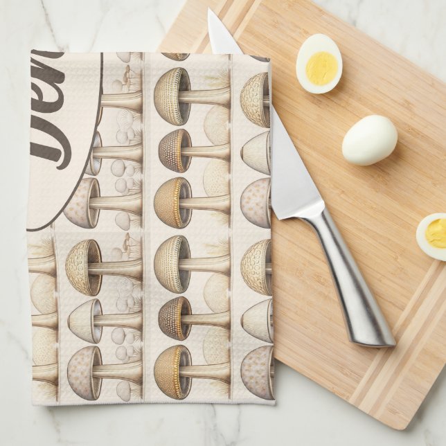 Mushrooms pattern brown, beige and gray tea towel (Quarter Fold)