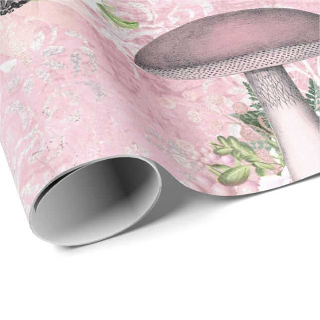 Mushrooms Pink Woodland Antique Vintage Ephemera Wrapping Paper (Roll Corner)