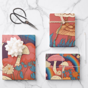 Mushrooms Retro Orange Brown Cottagecore  Wrapping Paper Sheet