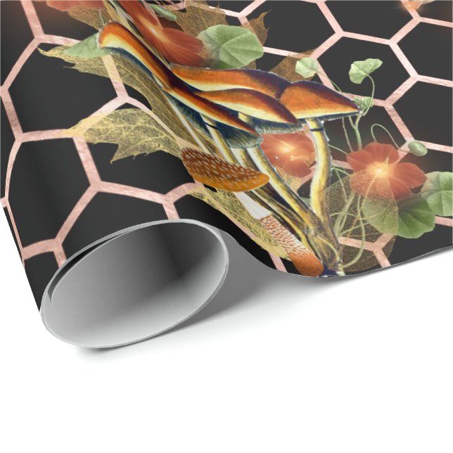 Mushrooms Rose Woodland Black Floral Honeycomb Wrapping Paper (Roll Corner)