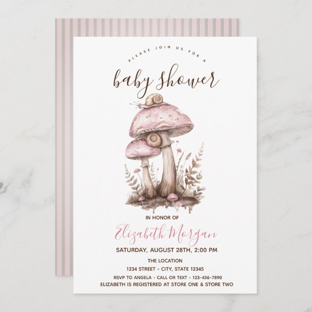Mushrooms Snail Pink Stripes Baby Shower  Invitation (Front/Back)