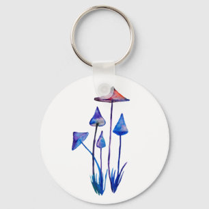 Mushrooms Watercolor Art Button Key Ring
