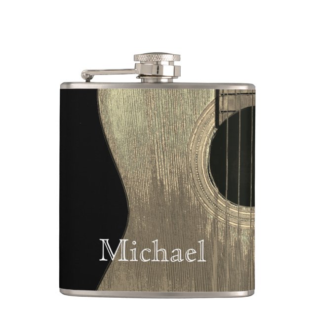 Music Acoustic Guitar Black and Beige Hip Flask (Front)