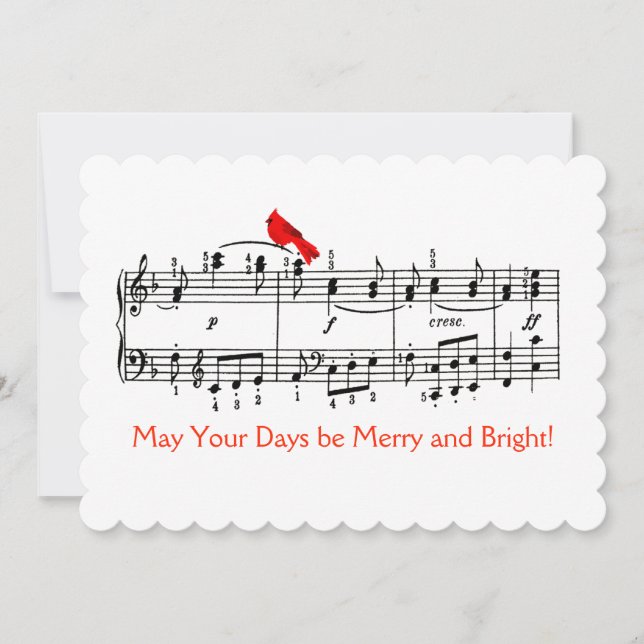 Music and Cardinal Red Bird Christmas Card (Front)