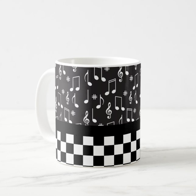 Music and Chequerboard Black and White Coffee Mug (Front Left)