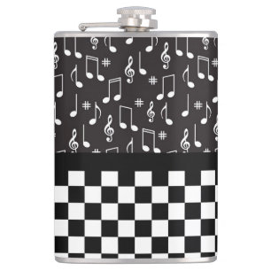 Music and Chequerboard Black and White  Hip Flask