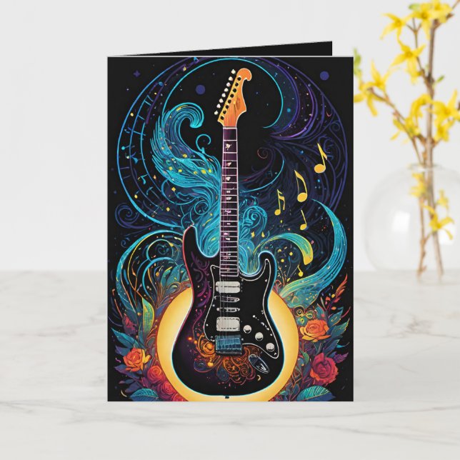 Music And Roses Electric Guitar Blank Card (Yellow Flower)