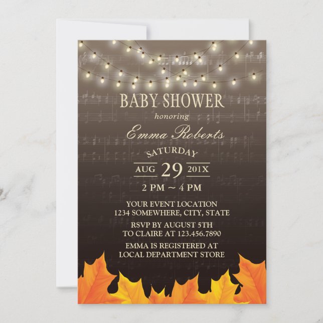 Music Baby Shower Autumn Leaves String Lights Invitation (Front)