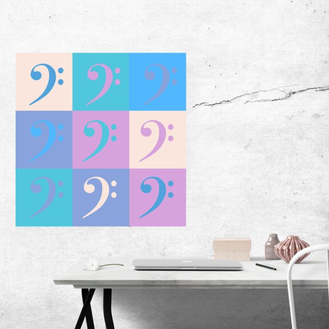 Music Bass Clef Pastel Colours Poster (A poster of pastel colored bass clef music symbols)