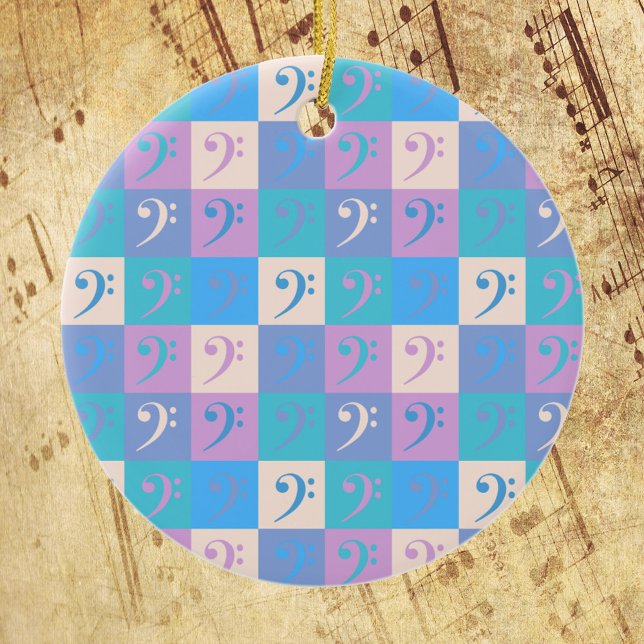 Music Bass Clef Pattern Pastel Colours Ceramic Tree Decoration (An ornament with a pattern of bass clefs done in pastel colors.)