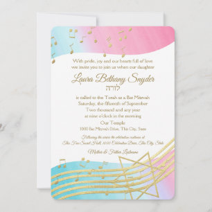 Music Bat Mitzvah Watercolor and Gold Invitation