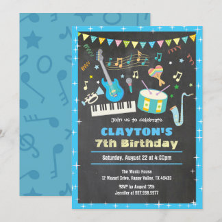 Music birthday invitation chalkboard blue boy
