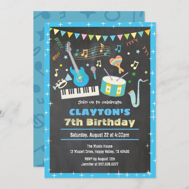 Music birthday invitation chalkboard boy (Front/Back)