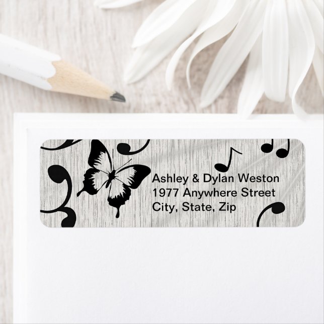 Music Butterfly Leaves Grey & Black Wood Wedding (Insitu)