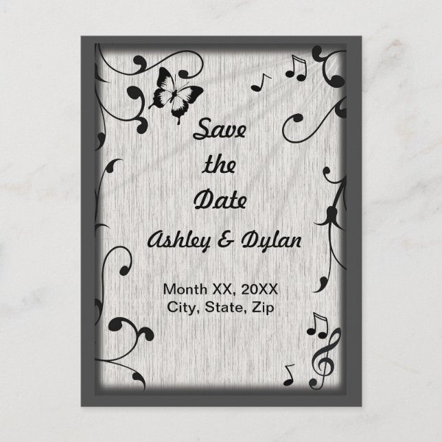 Music Butterfly Leaves Grey & Black Wood Wedding Announcement Postcard (Front)