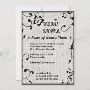 Music Butterfly Leaves Grey & Black Wood Wedding Invitation