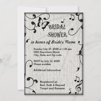 Music Butterfly Leaves Grey & Black Wood Wedding Invitation