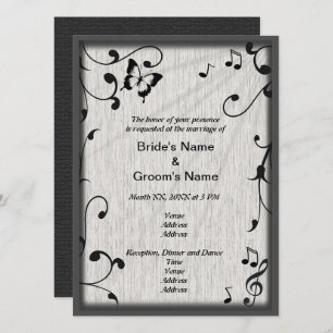 Music Butterfly Leaves Grey & Black Wood Wedding Invitation
