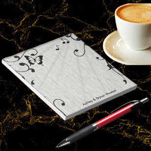 Music Butterfly Leaves Grey & Black Wood Wedding Notepad