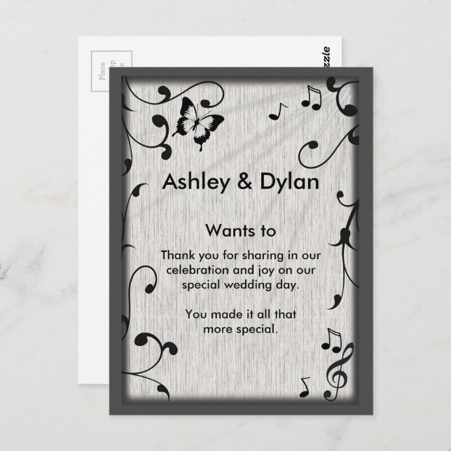 Music Butterfly Leaves Grey & Black Wood Wedding Postcard (Front/Back)