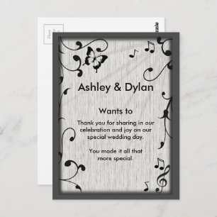 Music Butterfly Leaves Grey & Black Wood Wedding Postcard