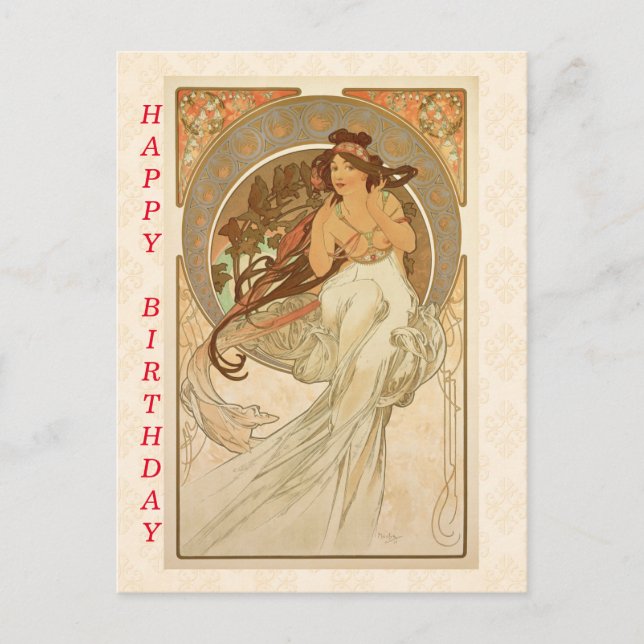 Music by Alphonse Mucha, Happy Birthday  Postcard (Front)