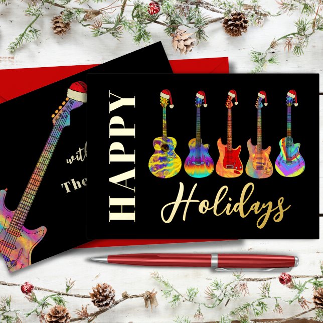 Music Christmas Guitar Happy Holidays Black Gold (Music themed christmas guitars happy holidays black & gold foil personalized holidays greeting card)