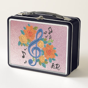Music Clef Note Musical Floral Initials Metal Lunch Box