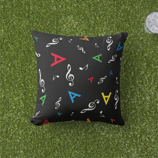 Music colorful initials personalized / black cushion (Grass)