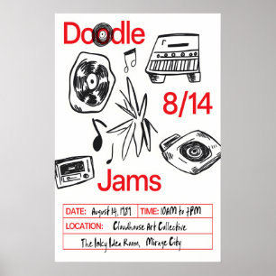 Music Doodle Art Print Retro Vinyl, Cassette