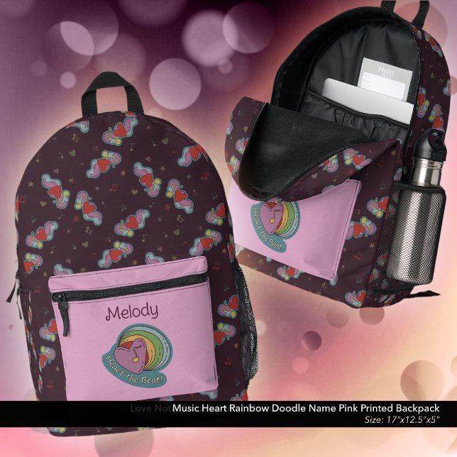 Music Doodles Heart Rainbow Name Pink Printed Backpack (Heart the Beat Rainbow Doodle  Design Backpack: Personalized with Owner's Name - Pink Accent Color)
