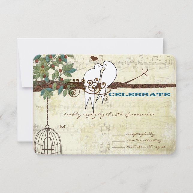Music Dove Lovebird Sitting In a Tree Wedding RSVP (Front)