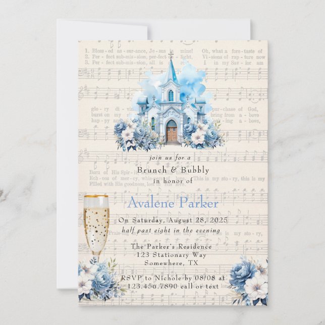 Music Dusty Blue Church Brunch & Bubbly Invitation (Front)