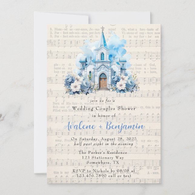 Music Dusty Blue Church Wedding Couples Shower Invitation (Front)